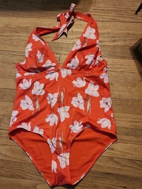 Floral Halter One-Piece Swimsuit - Coral with White Flowers